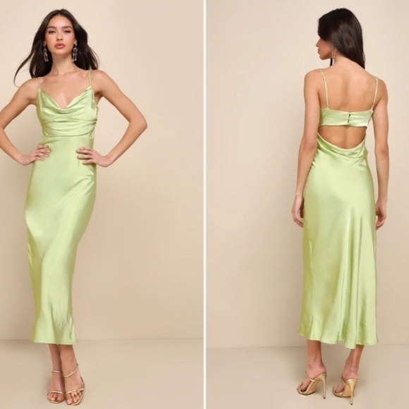 LULU's Prom Wedding Glamorous Satin Sexy Cowl Neck Satin Open Back Midi Dress - Picture 4 of 4